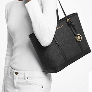 MICHAEL KORS Jet Set Travel Logo Top-Zip Tote Bag BLACK with Gold Hardware